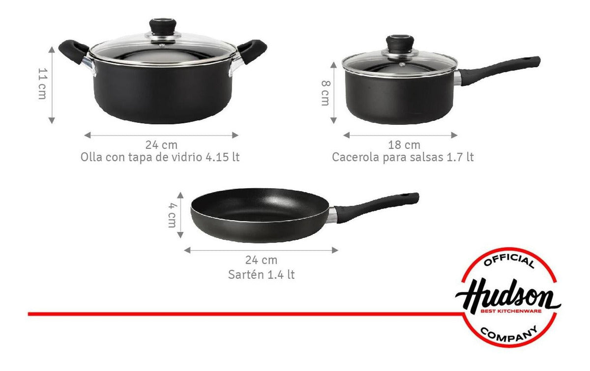 Batería Cocina 7 Piezas Aluminio Antiadherente Hudson Negro