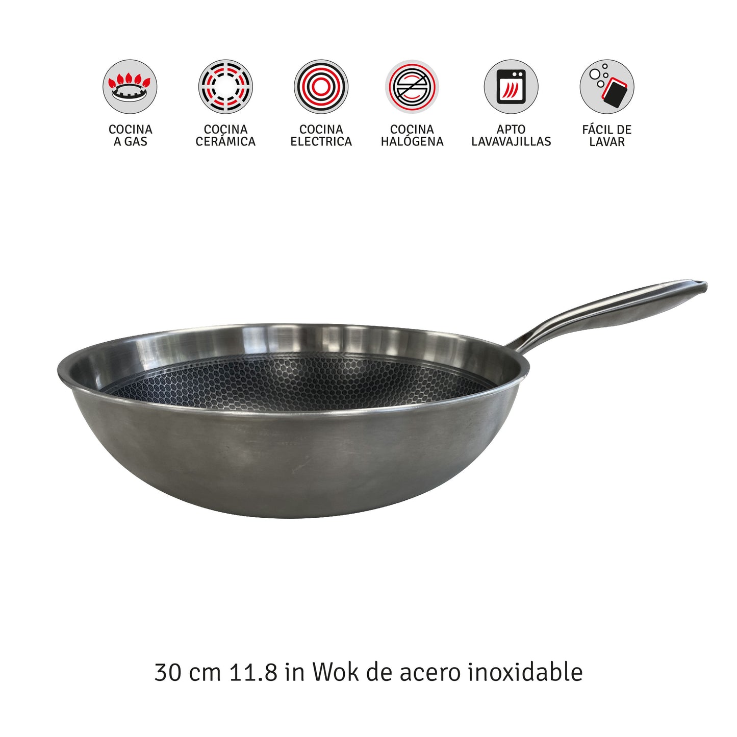 Wok Hudson 30 Cm Acero Inoxidable Con Antiadherente