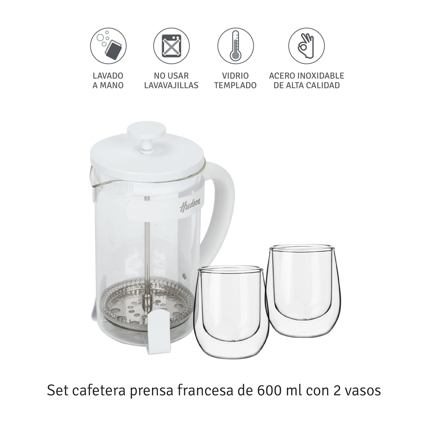 Set Cafetera Hudson Embolo 600 Ml + 2 Vasos Doble Vidrio