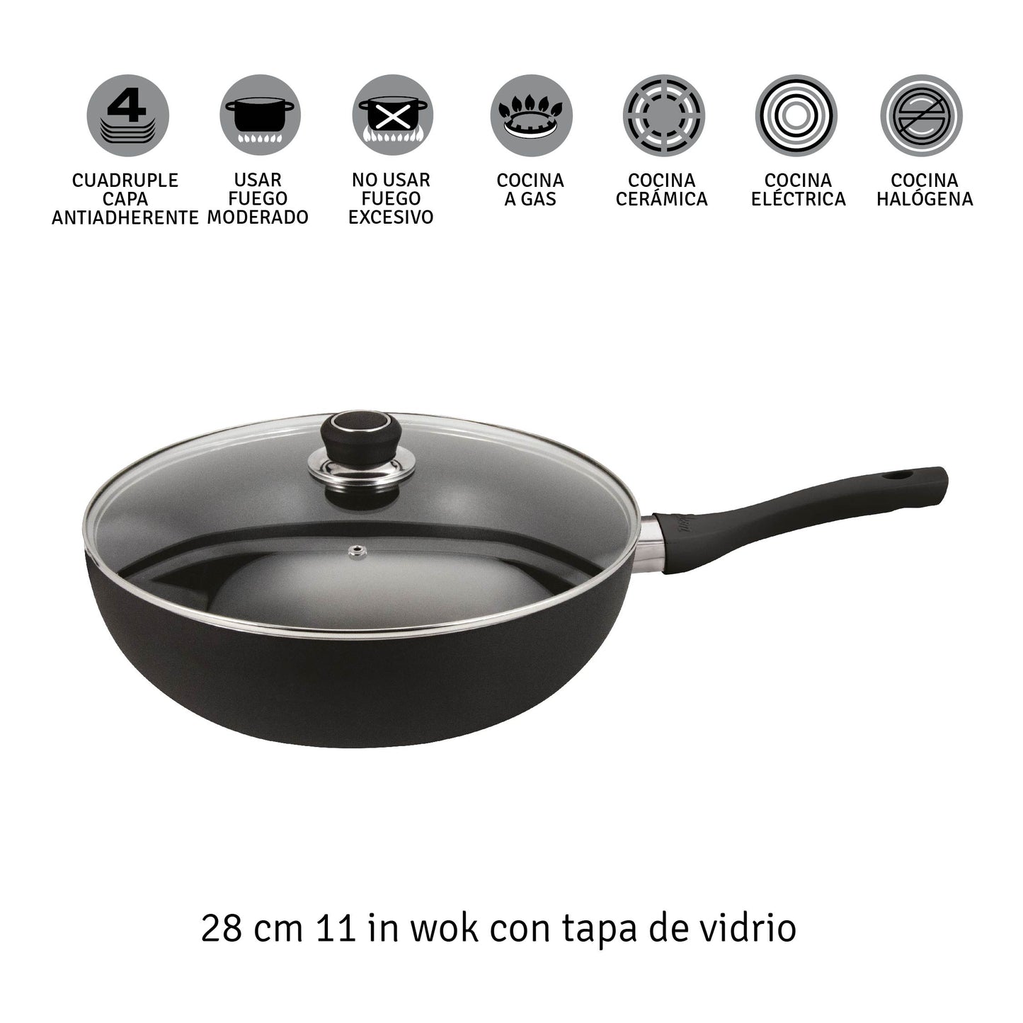 Sartén Wok 28 Cm Aluminio Negro Con Doble Antiadherente
