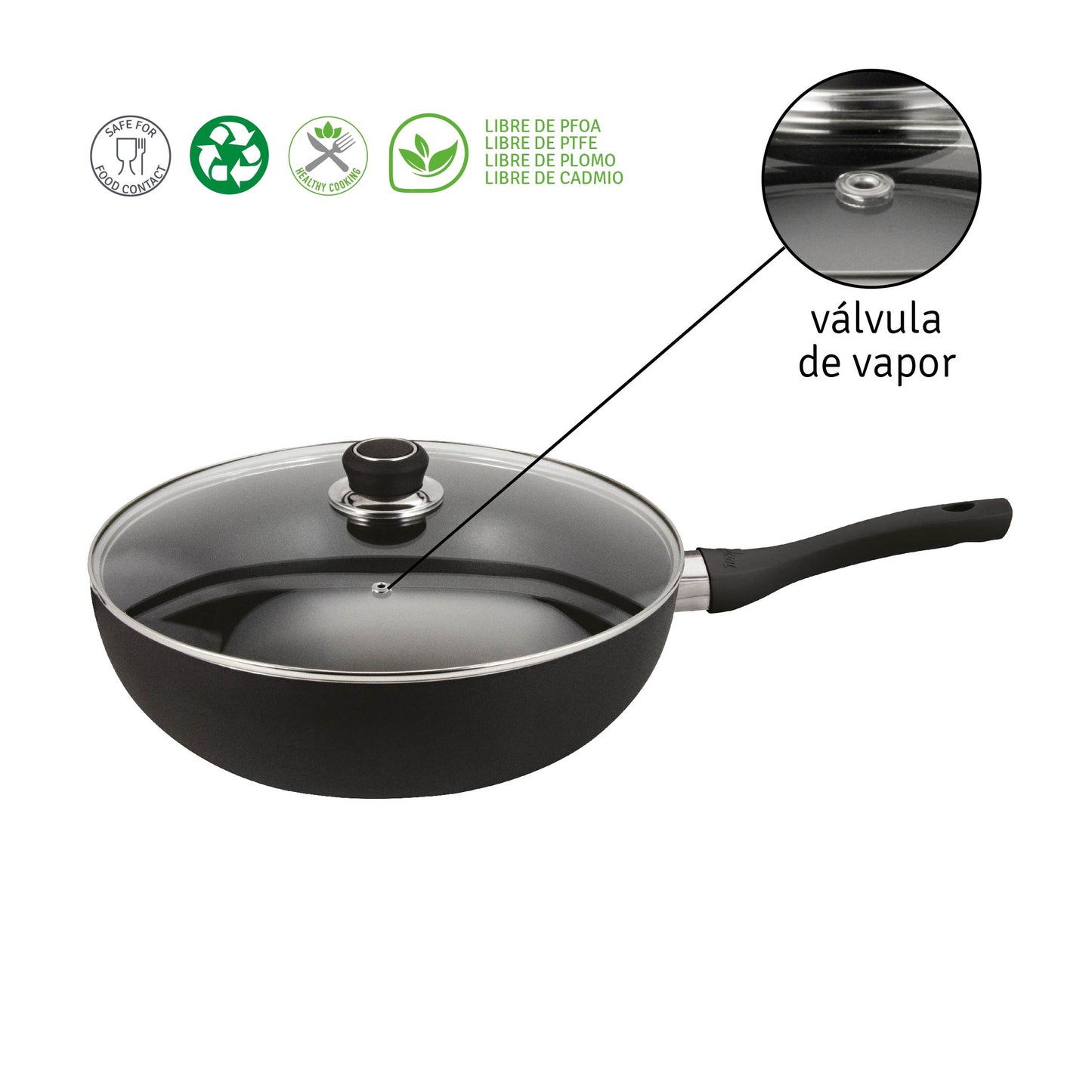 Sartén Wok 28 Cm Aluminio Negro Con Doble Antiadherente
