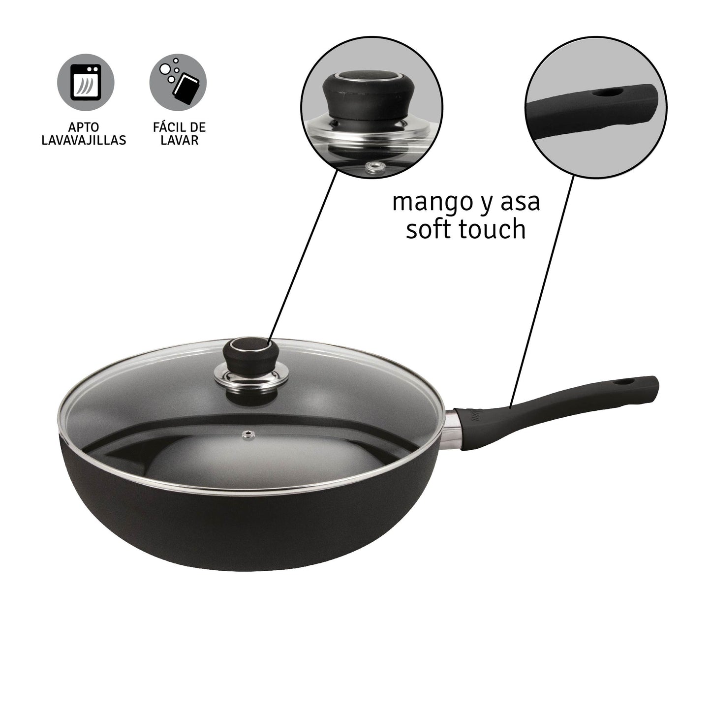 Sartén Wok 28 Cm Aluminio Negro Con Doble Antiadherente