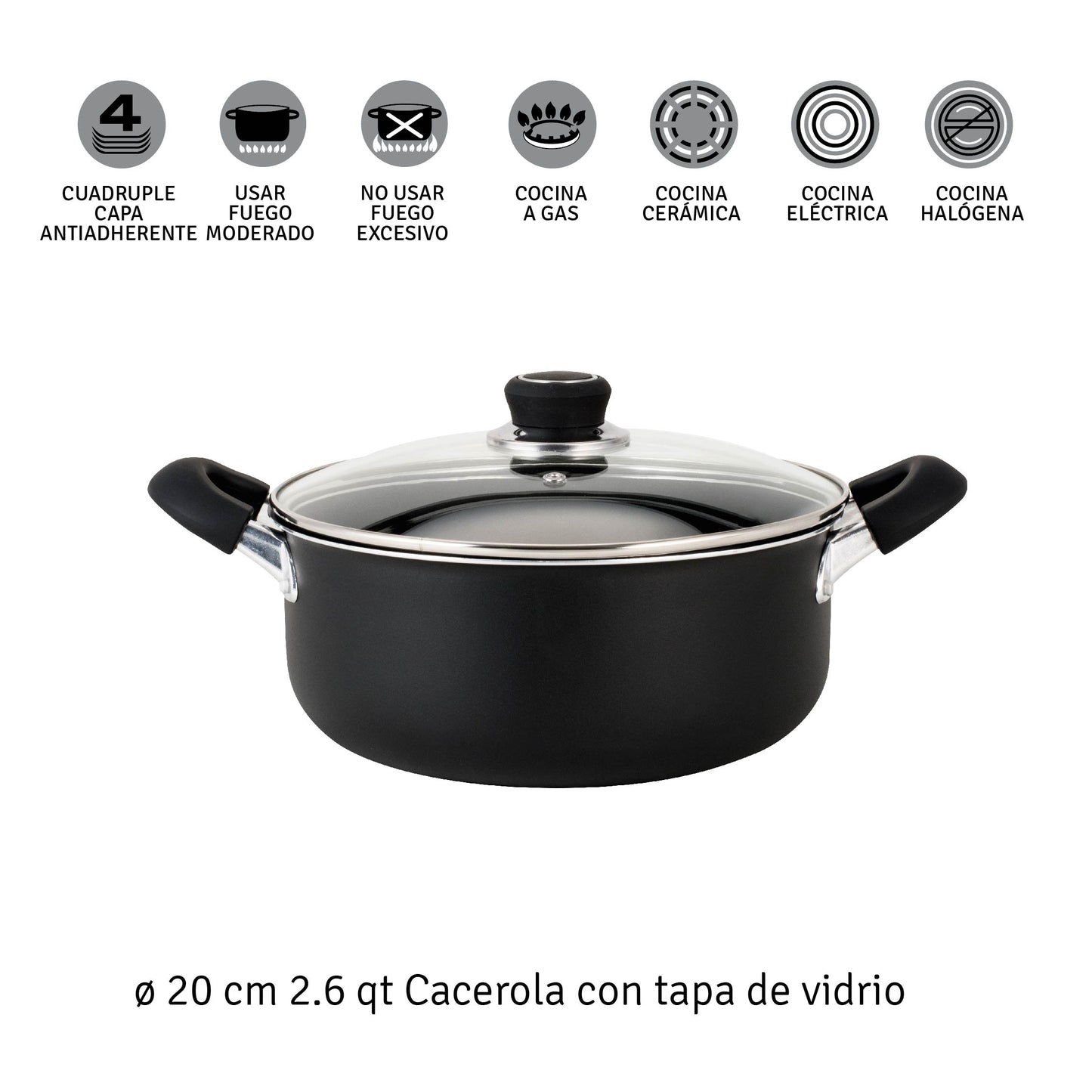 Cacerola 20 Cm Aluminio Negro Con Antiadherente