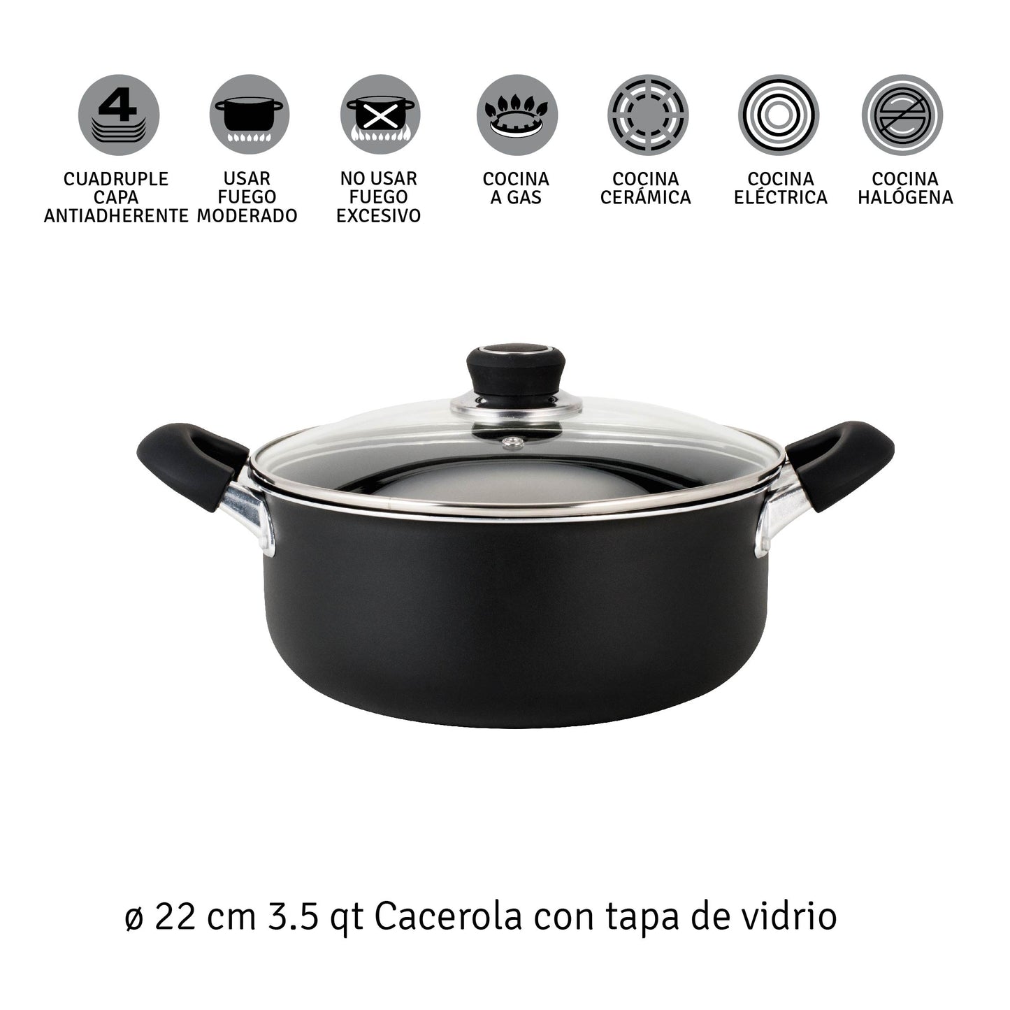 Cacerola de 22 cm Aluminio c/ Antiadherente Tapa Vidrio Alumix