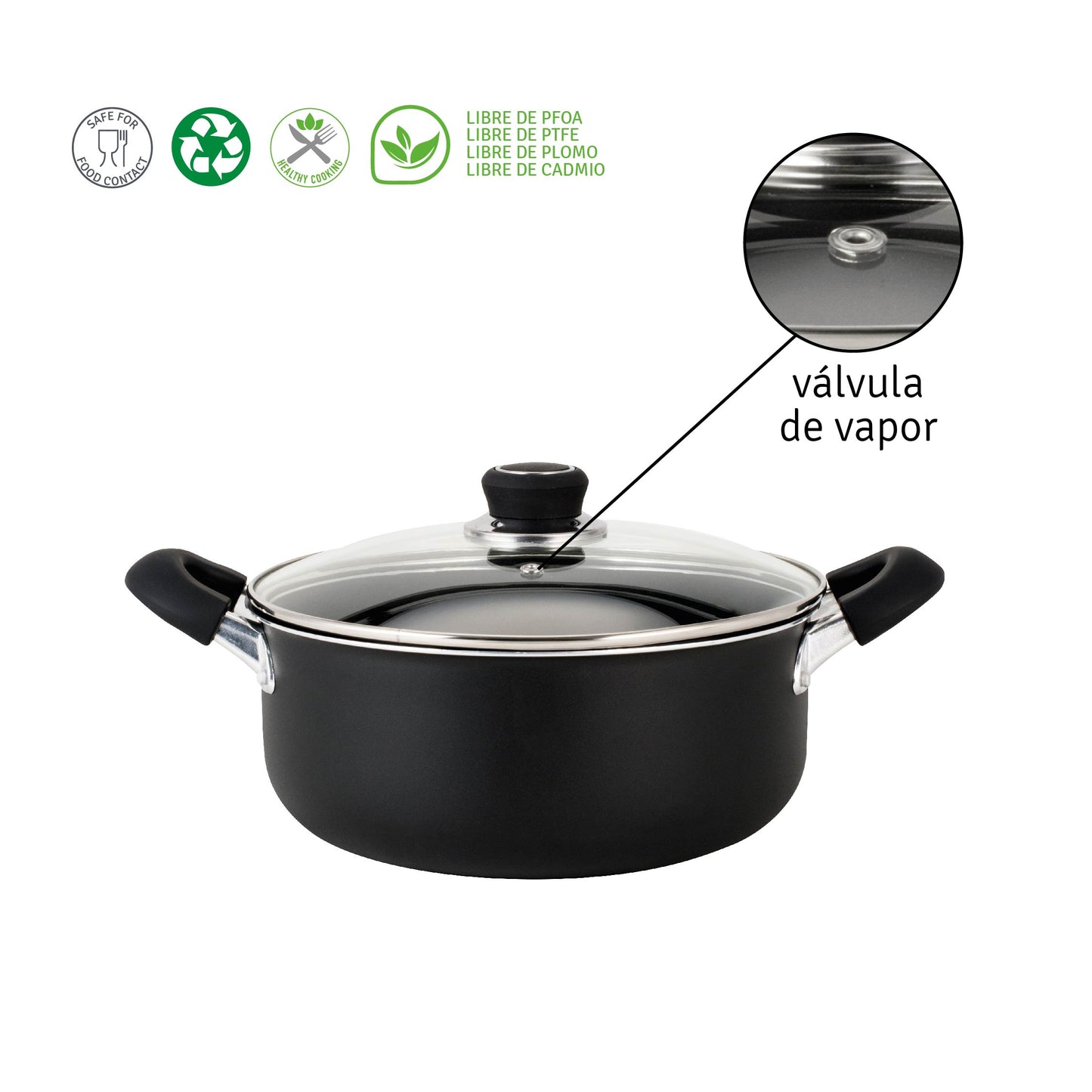 Cacerola de 22 cm Aluminio c/ Antiadherente Tapa Vidrio Alumix