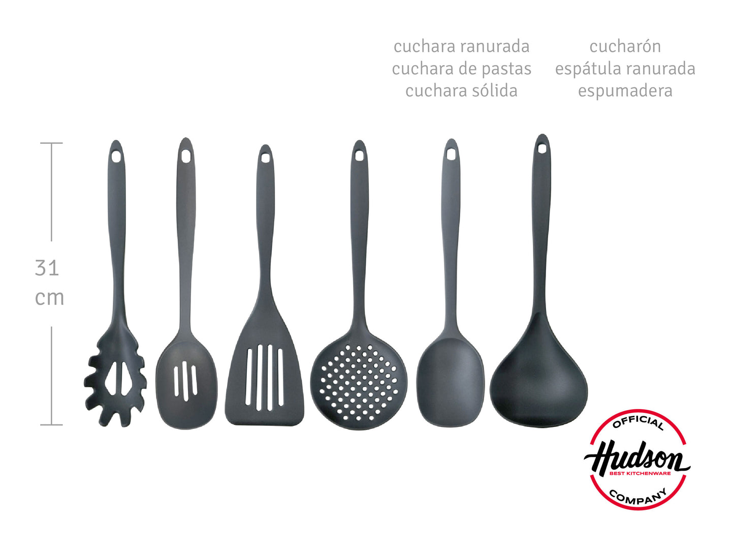 Set 6 Utensilios Cocina Nylon Hudson + Base Moderna Gris