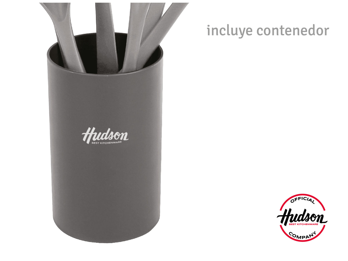 Set 6 Utensilios Cocina Nylon Hudson + Base Moderna Gris