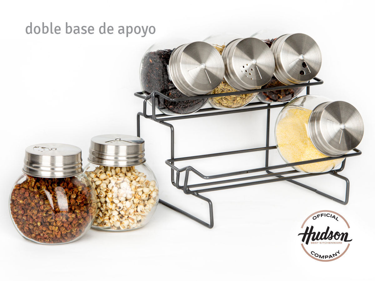 Especiero Hudson 6 Frascos De Vidrio Con Tapa + Base