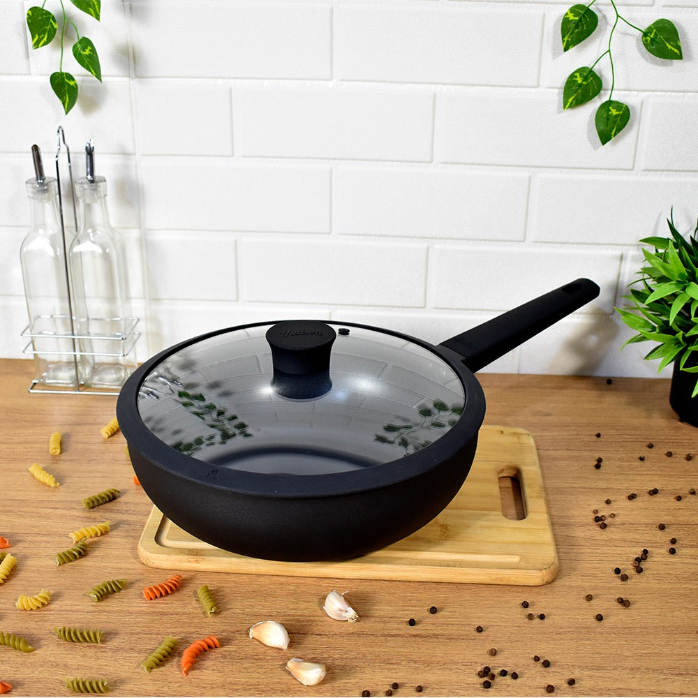 Wok Aluminio 6.3 L 32 cm 2 Piezas Antiadherente PTFE Negro Mango de Soft Touch