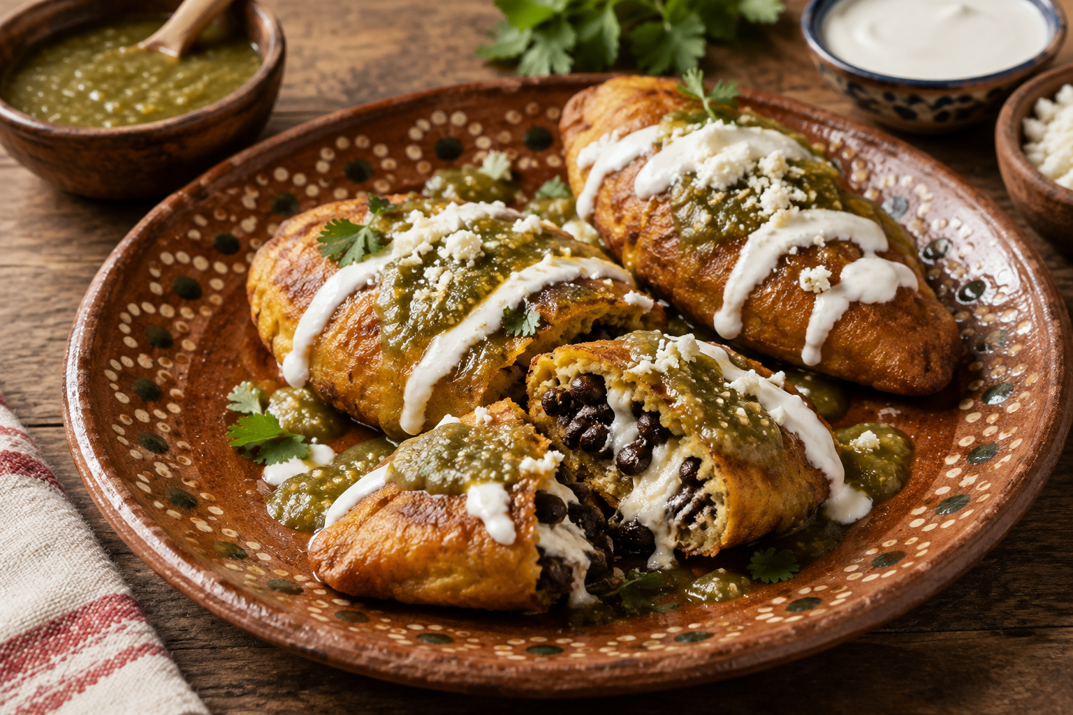Molotes de plátano con frijoles negros y queso