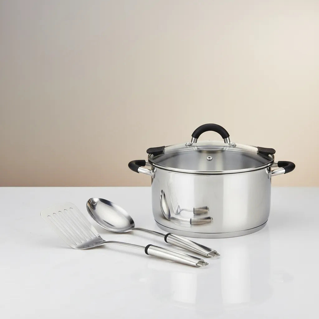 Kit Hudson: Cuchara Acero Inoxidable Plateado + Cacerola 26cm Triple Fondo + Espátula Volteador