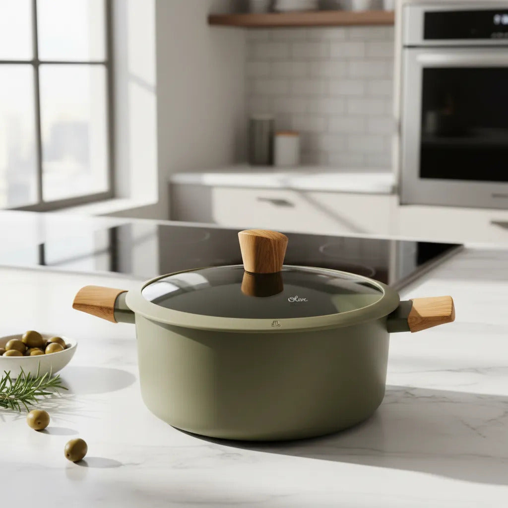 Kit Hudson: Olla Verde Oliva Antiadherente 26cm 5.5l + Cuchillo Chef Acero Inoxidable + Batidor Silicona 31cm