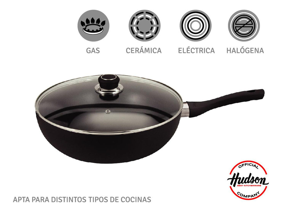 Wok Hudson 28 Cm Doble Capa Aluminio Antiadherente Con Tapa