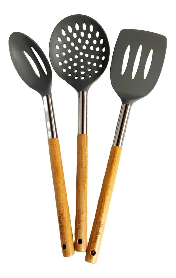 Espatula Calada Mango Madera Utensilio Cocina Hudson Hsk Color Gris