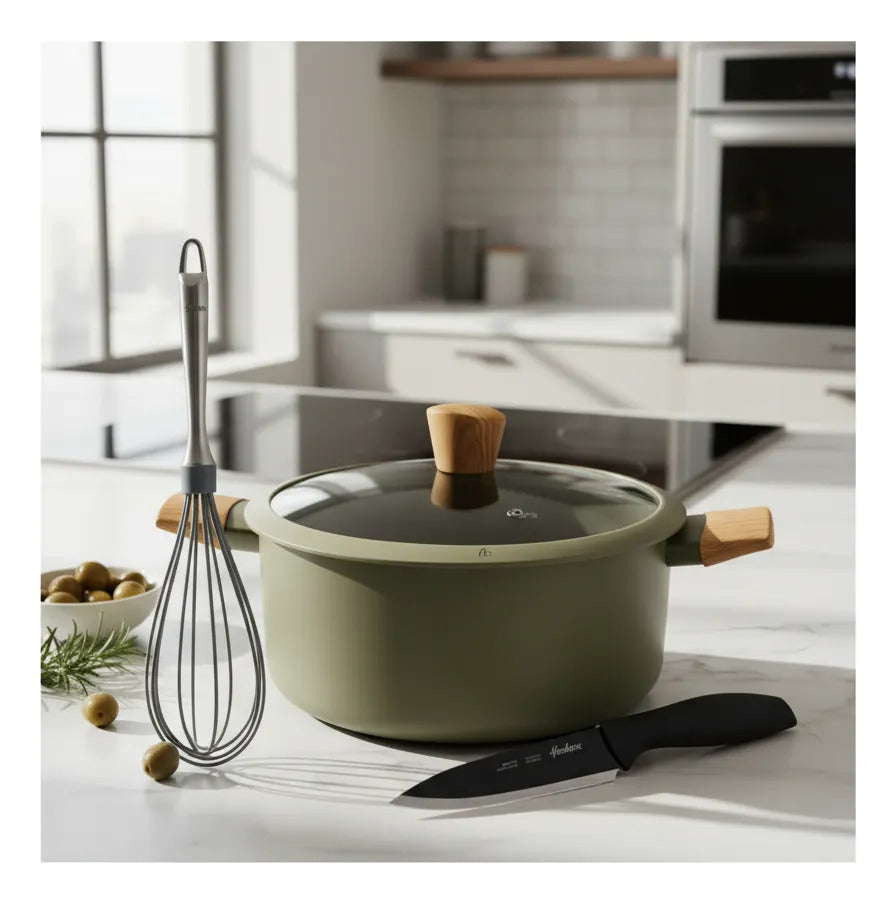 Kit Hudson: Olla Verde Oliva Antiadherente 26cm 5.5l + Cuchillo Chef Acero Inoxidable + Batidor Silicona 31cm