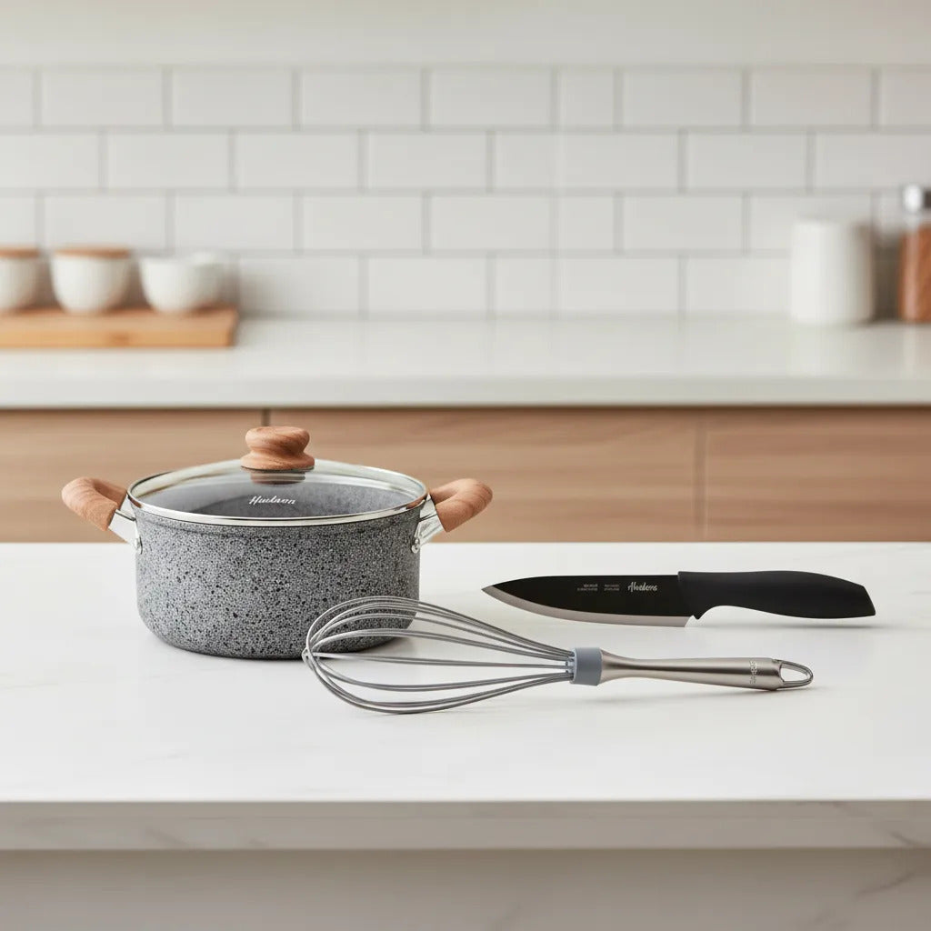 Kit Hudson: Olla Cacerola 24cm Granito Gris + Cuchillo Chef 6 Acero Negro + Batidor Silicona 31cm