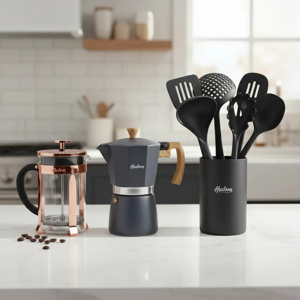 Kit Café Hudson: Cafetera Prensa Francesa Cobre Rose 600ml + Cafetera Italiana 9 Tazas Gris + 6 Utensilios Nylon Grises