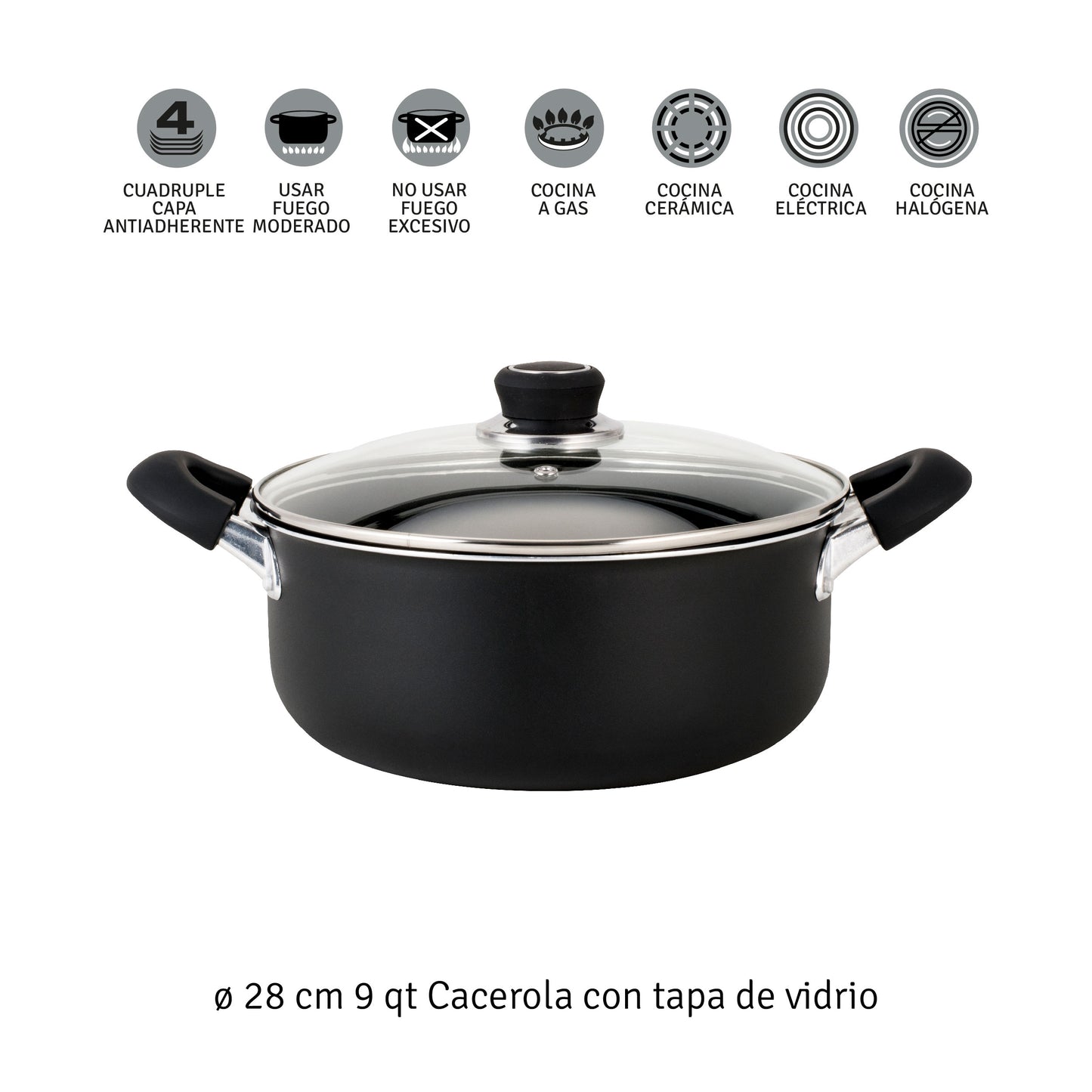 Cacerola 28 Cm Aluminio Negro Con Antiadherente