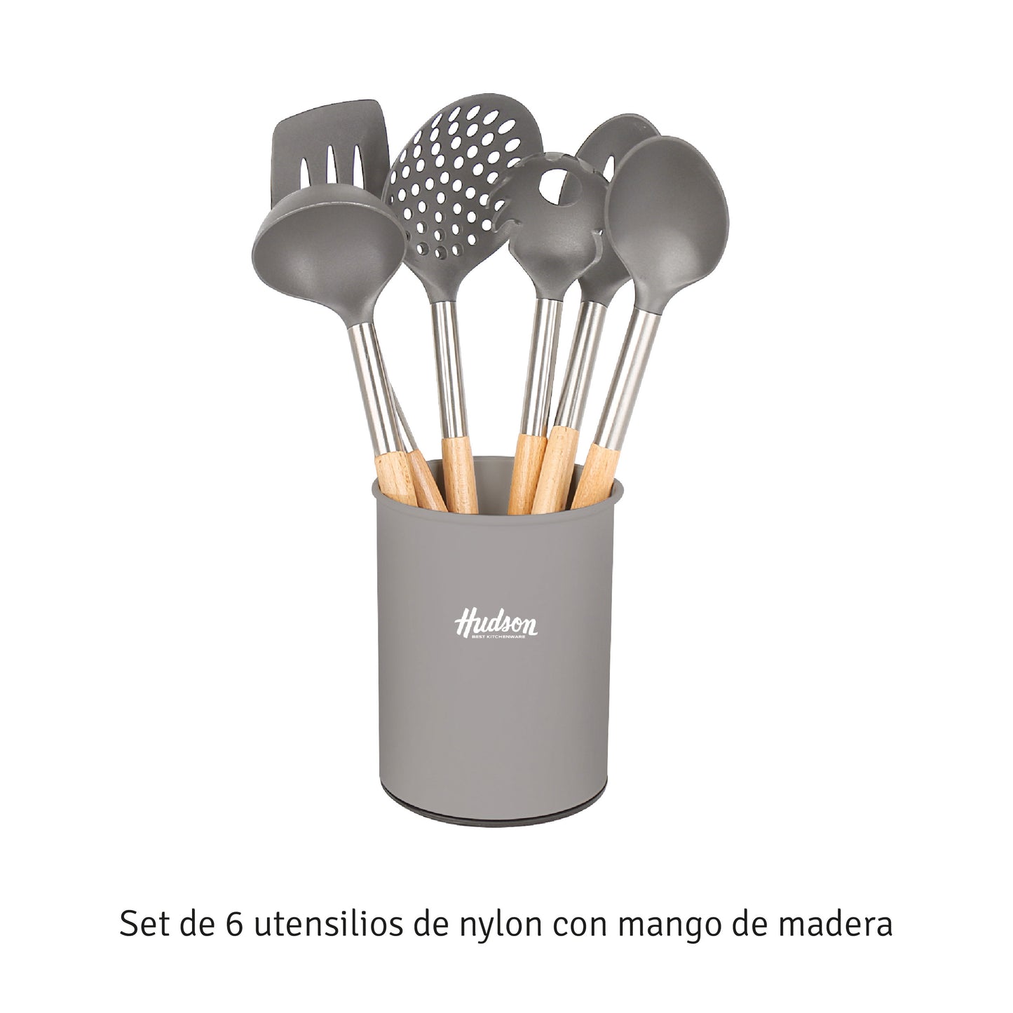 Set 6 Utensilios Nylon Con Mango De Madera