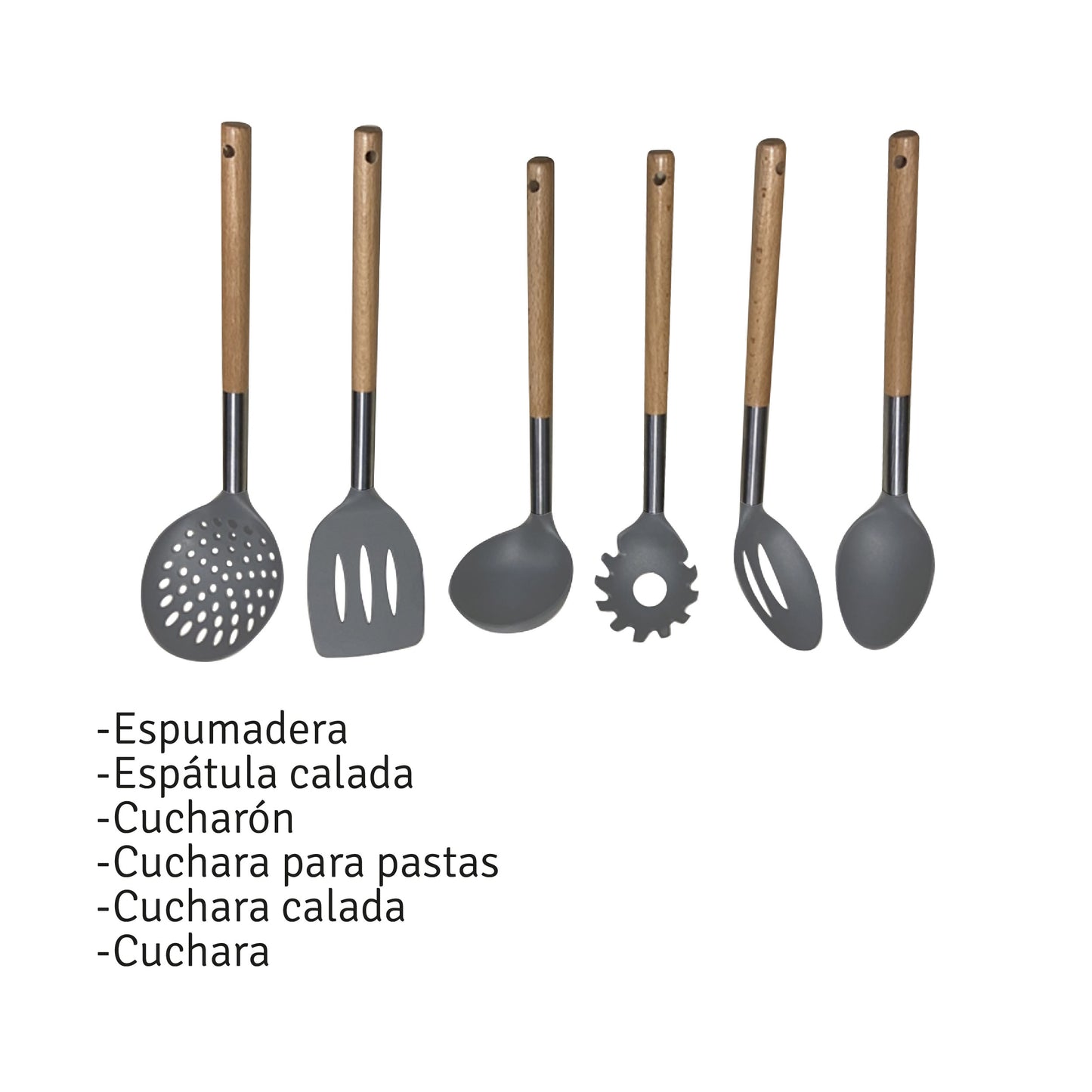 Set 6 Utensilios Nylon Con Mango De Madera