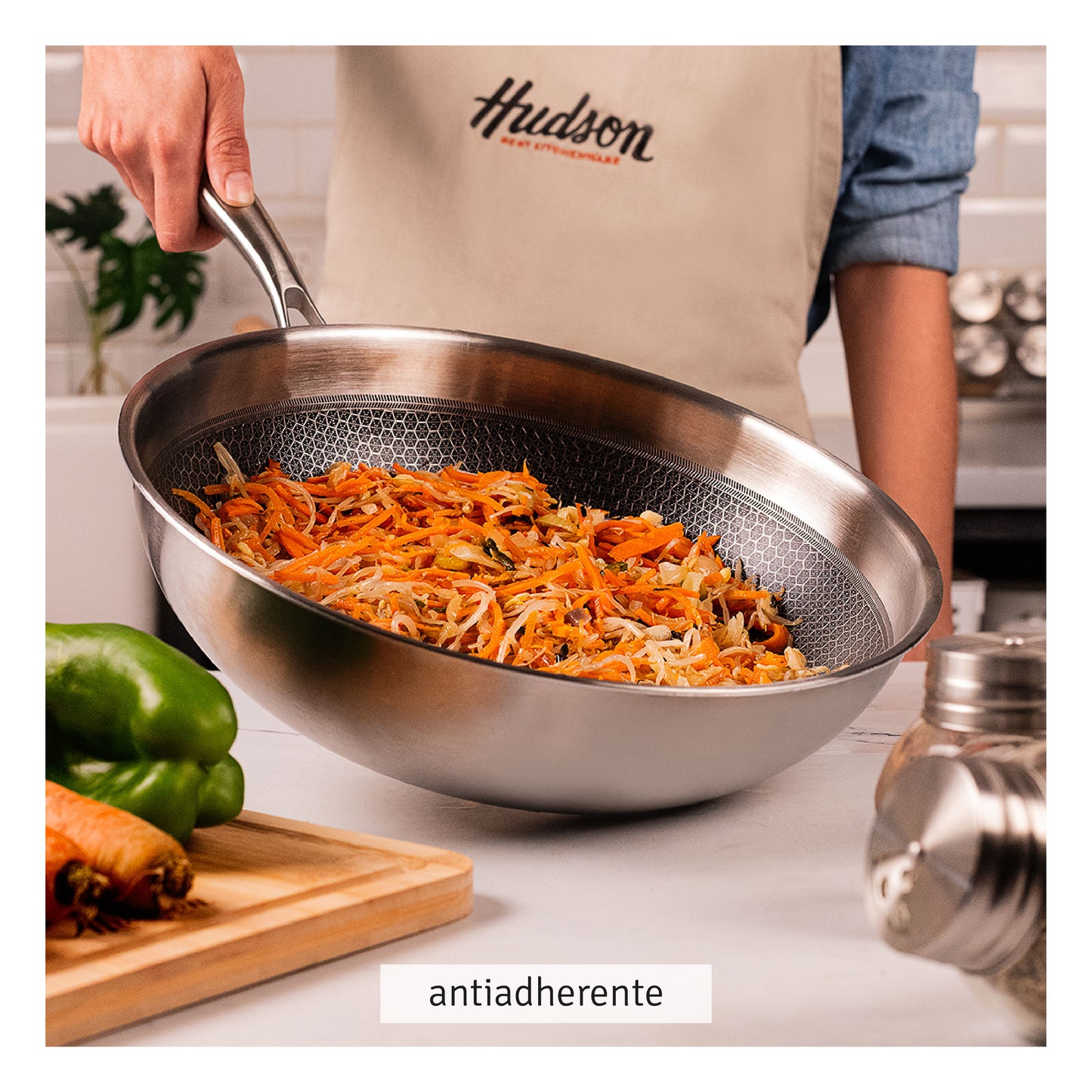 Wok Hudson  30 Cm Acero Inoxidable Con Antiadherente