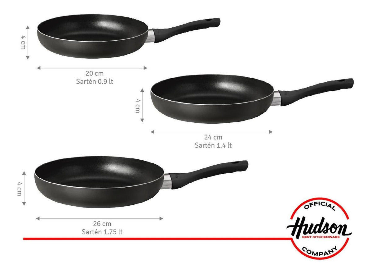 Set 3 Sartenes 20 Cm + 24 Cm + 26 Cm Aluminio Negro Hudson