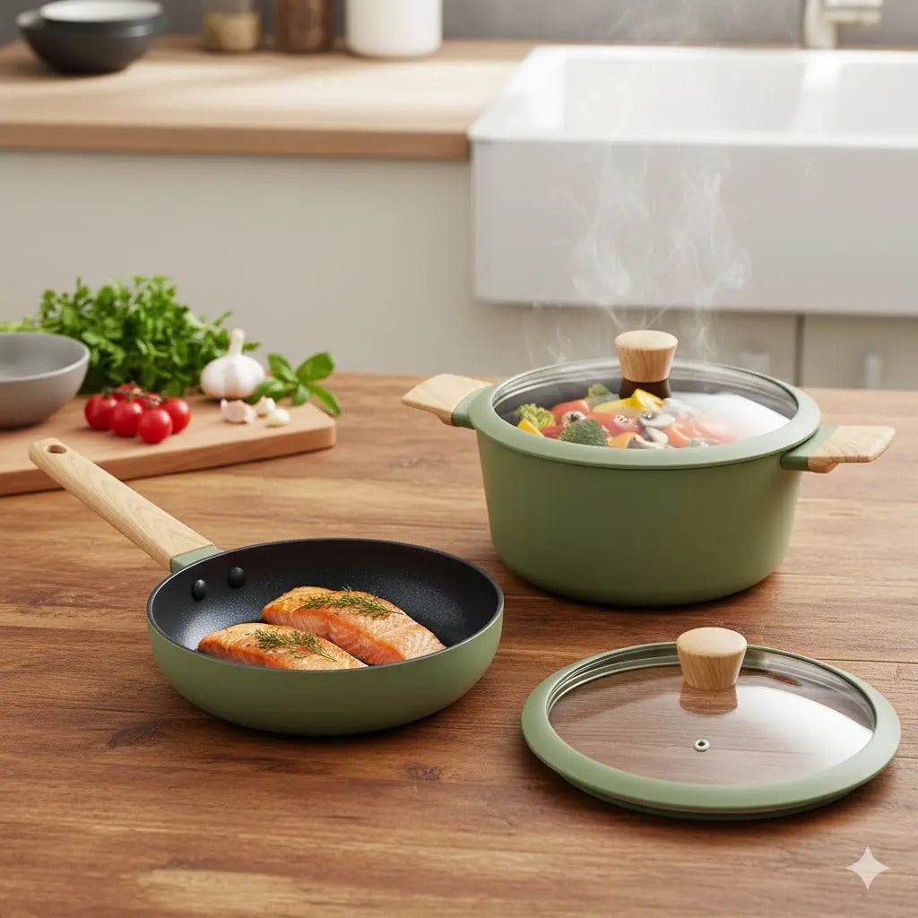 Kit Hudson: Wok Olive Antiadherente 28 Cm 4.6 L + Olla Olive Antiadherente 26 Cm 5.5 L