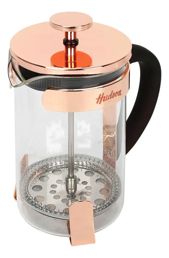 Kit Café Hudson: Cafetera Prensa Francesa Cobre Rose 600ml + Cafetera Italiana 9 Tazas Gris + 6 Utensilios Nylon Grises