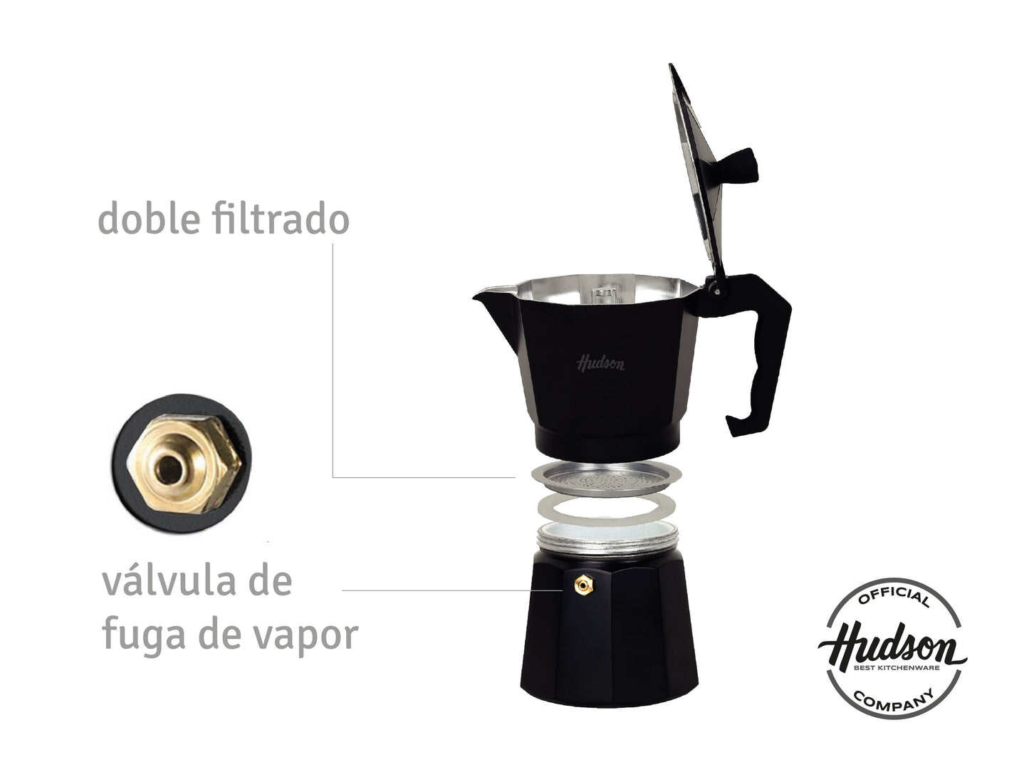 Set Cafetera Italiana De Aluminio Total Black Hudson Oficial