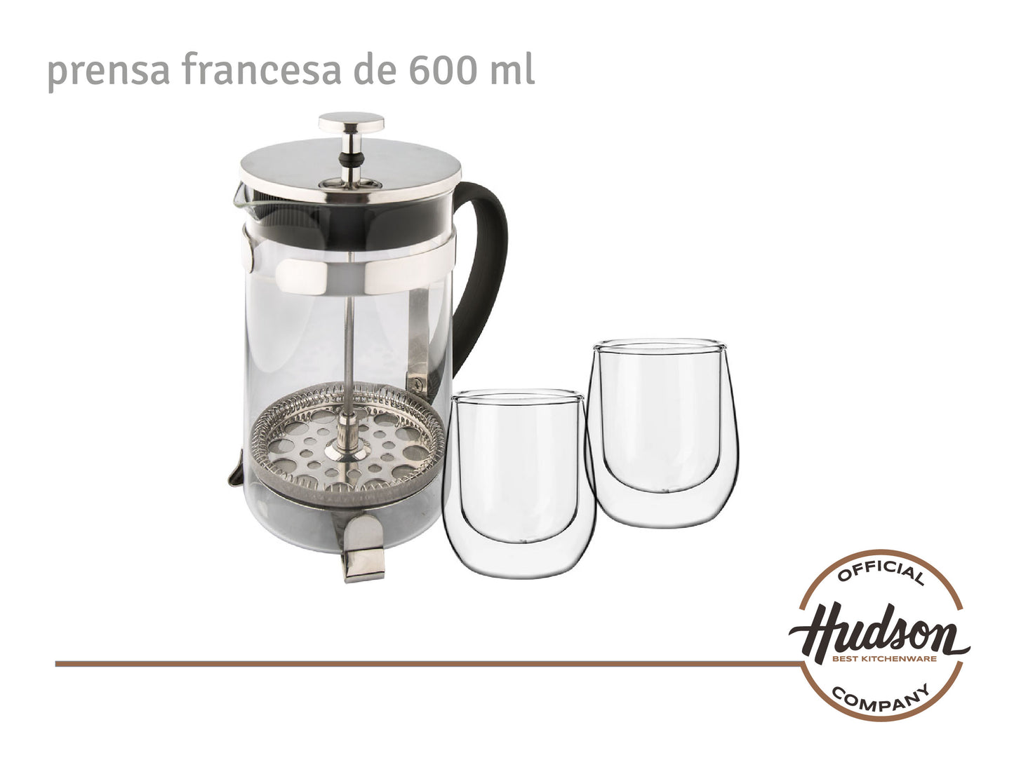 Set Hudson Cafetera Embolo Francesa 600ml + 2 Vasos Térmicos
