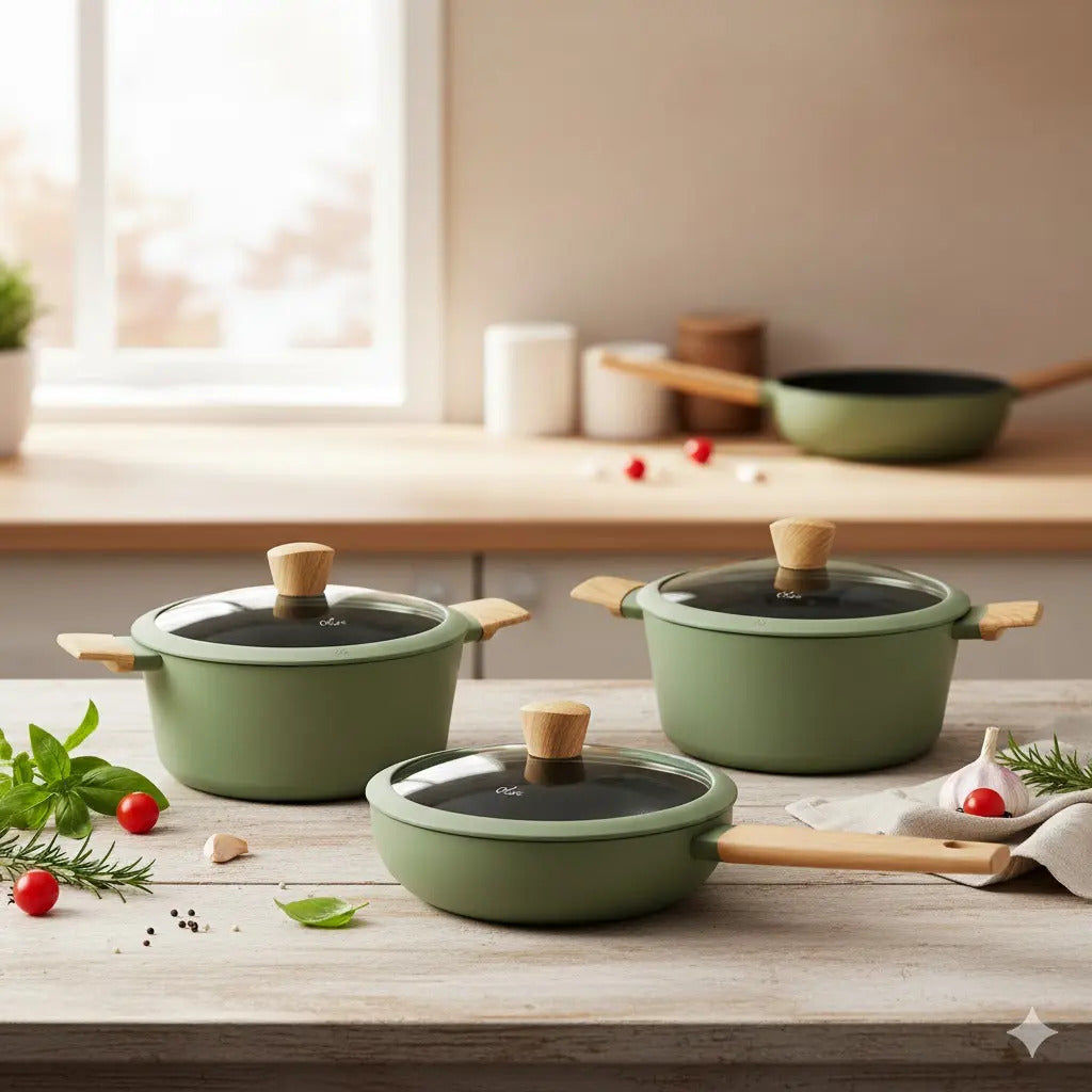 Kit Hudson: Wok Olive Antiadherente 28 Cm 4.6 L + Olla Olive 26 Cm 5.5 L + Olla Olive 24 Cm Válvula