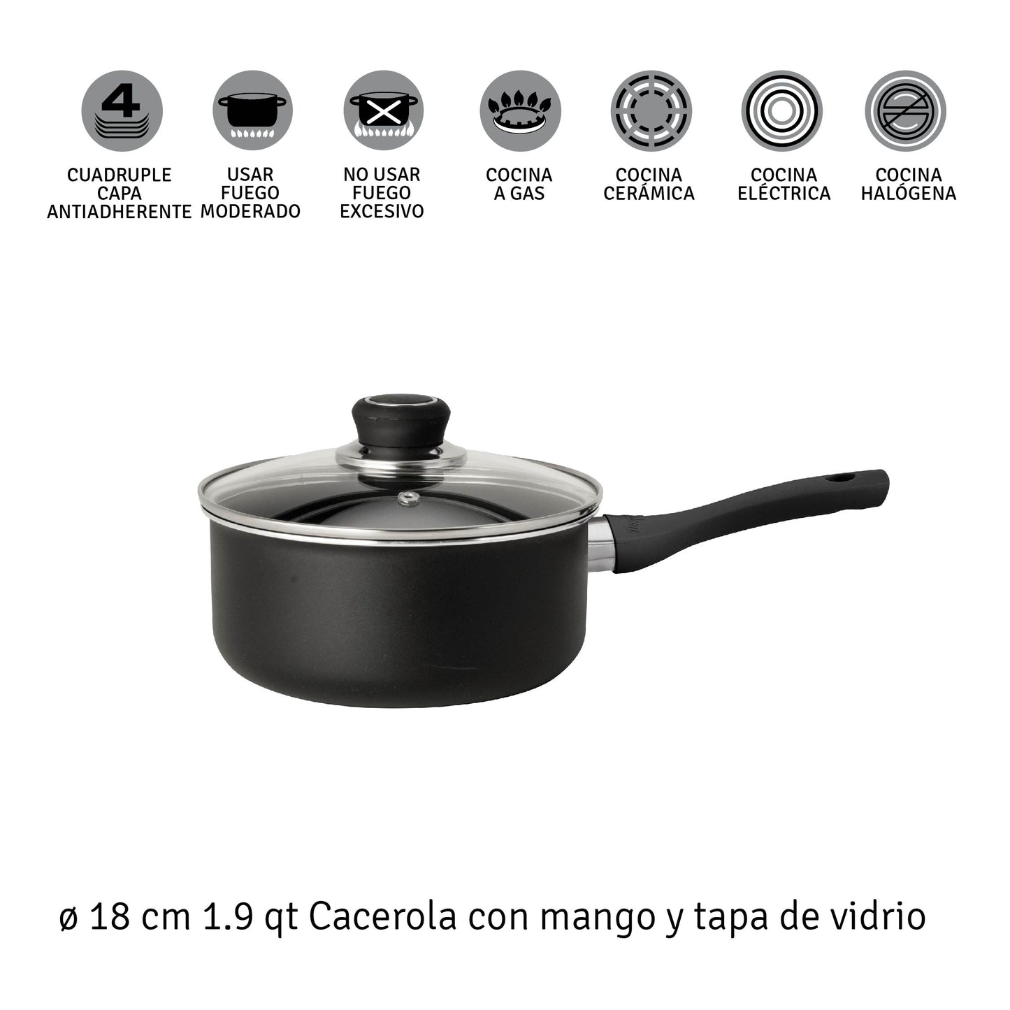 Cacerola 18 Cm Aluminio Negro Antiadherente Y Tapa De Vidrio