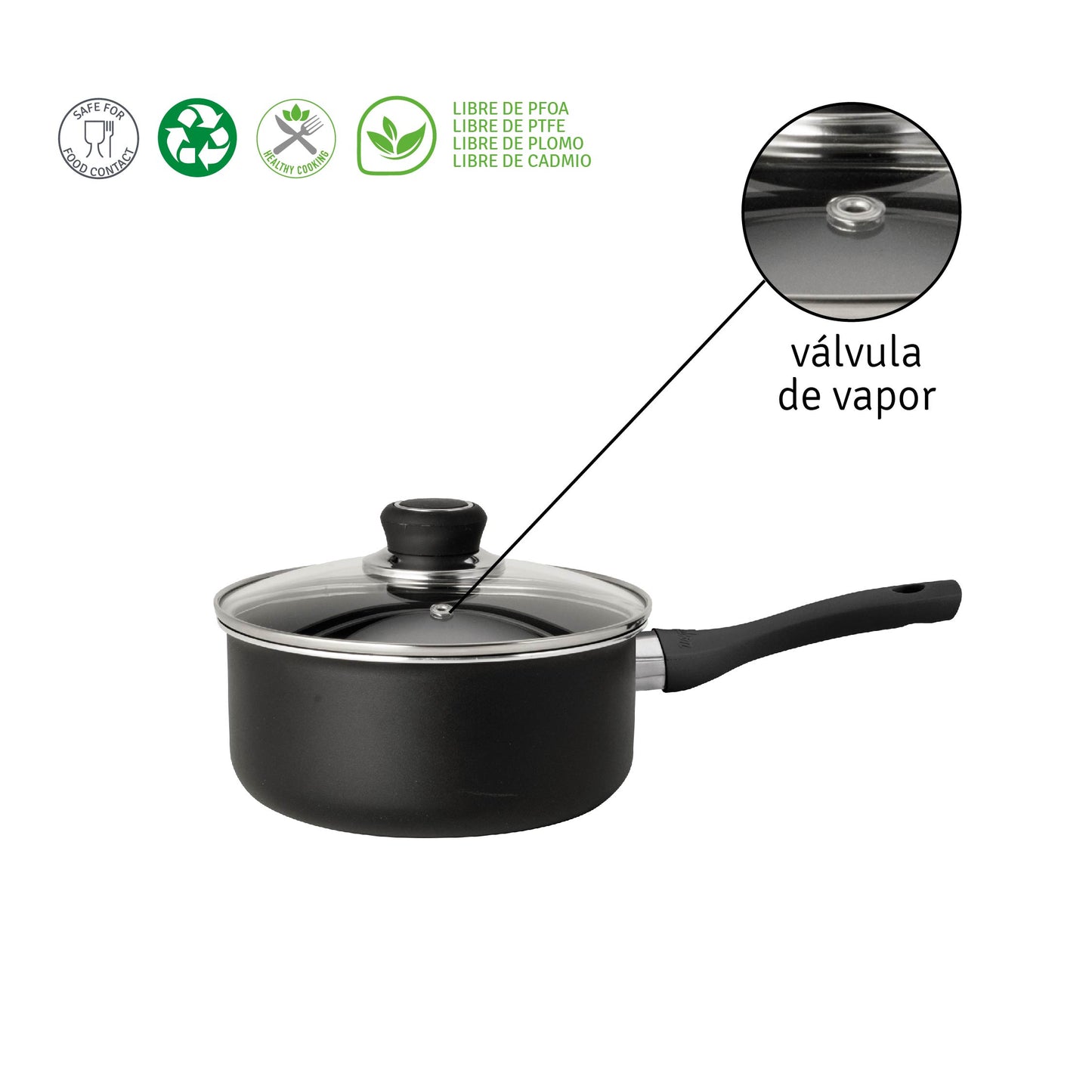 Cacerola 18 Cm Aluminio Negro Antiadherente Y Tapa De Vidrio