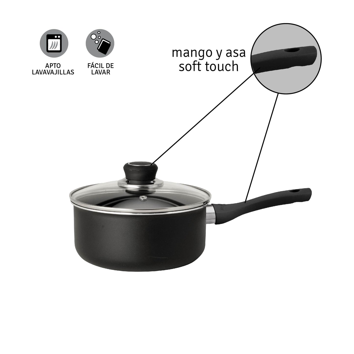 Cacerola 18 Cm Aluminio Negro Antiadherente Y Tapa De Vidrio