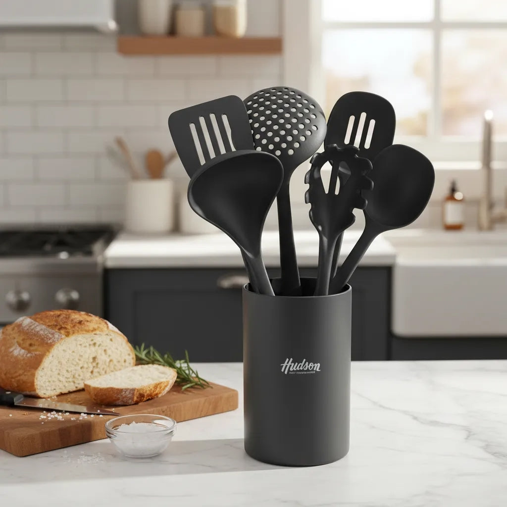 Kit Café Hudson: Cafetera Prensa Francesa Cobre Rose 600ml + Cafetera Italiana 9 Tazas Gris + 6 Utensilios Nylon Grises