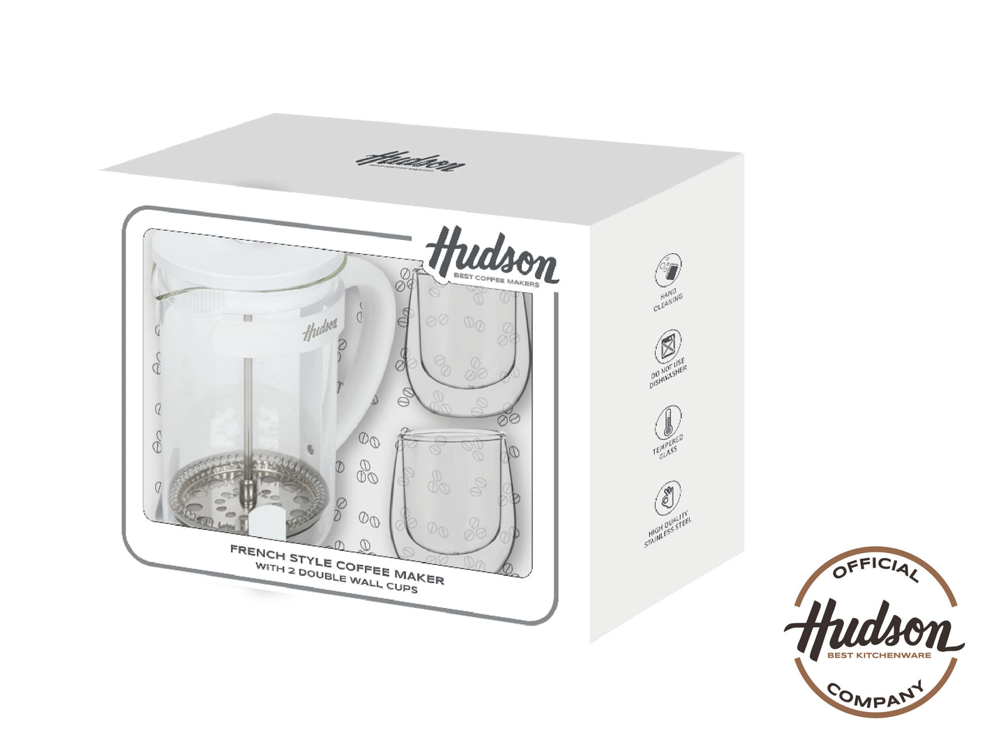 Set Hudson Cafetera Embolo 600 Ml + 2 Vasos Hudson Oficial