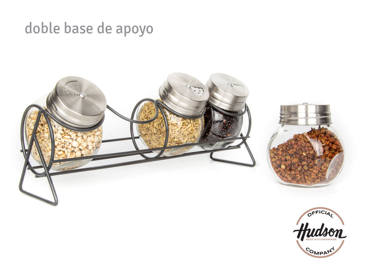 Especiero Hudson 4 Frascos De Vidrio Con Tapa + Base