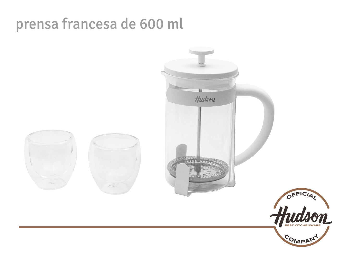 Set Hudson Cafetera Embolo 600 Ml + 2 Vasos Hudson Oficial