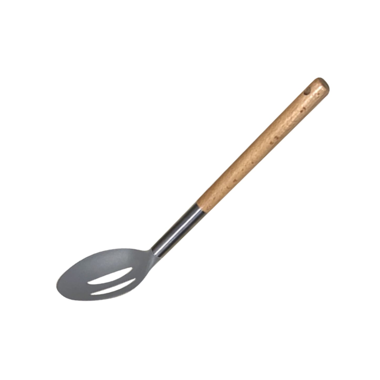 CUCHARA CALADA DE NYLON COLOR GRIS C/MANGO DE MADERA