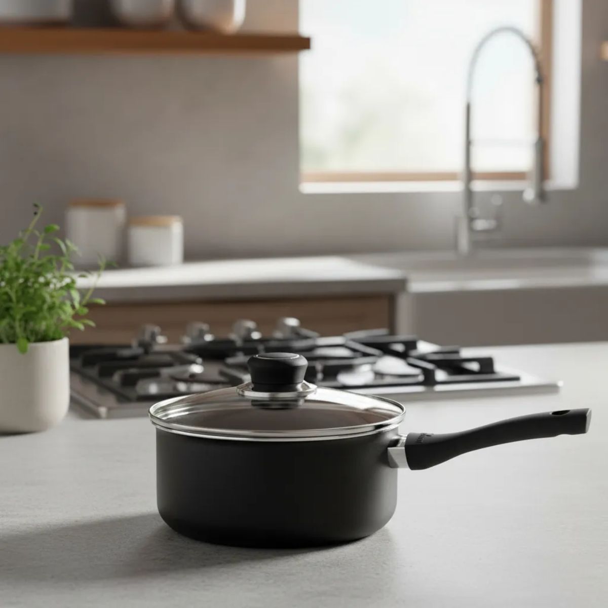 Cacerola 18 Cm Aluminio Negro Antiadherente Y Tapa De Vidrio