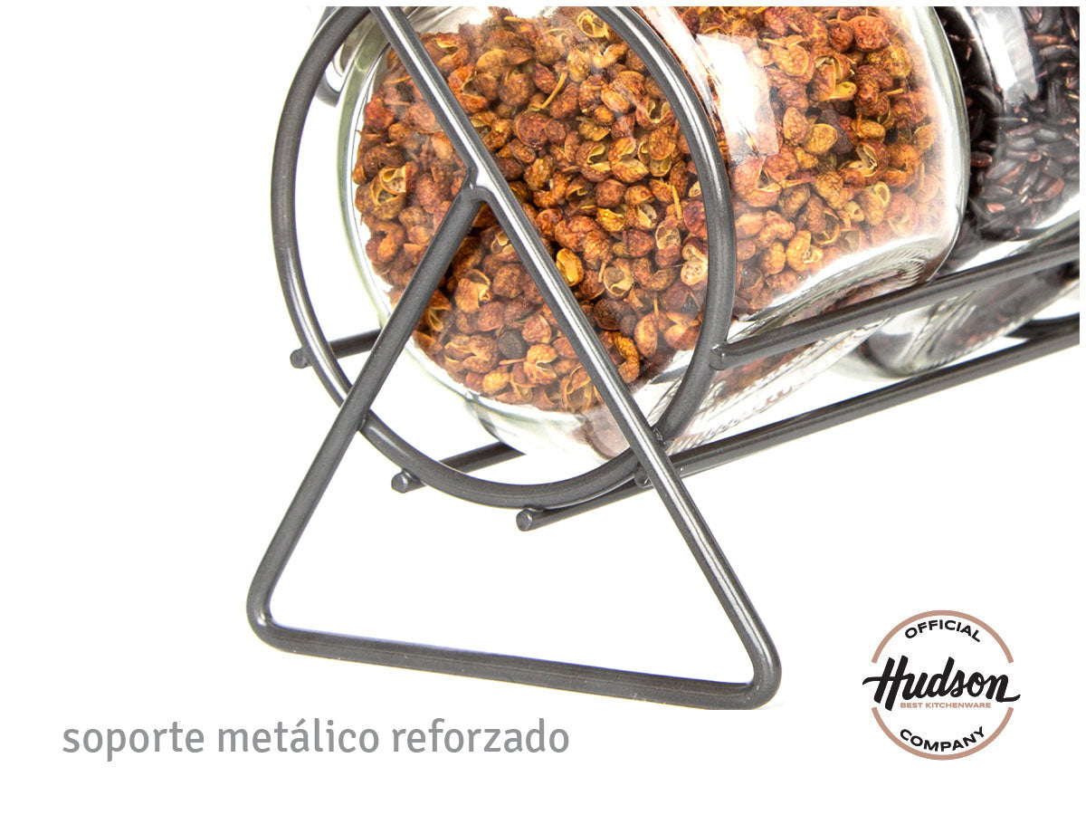 Especiero Hudson 4 Frascos De Vidrio Con Tapa + Base