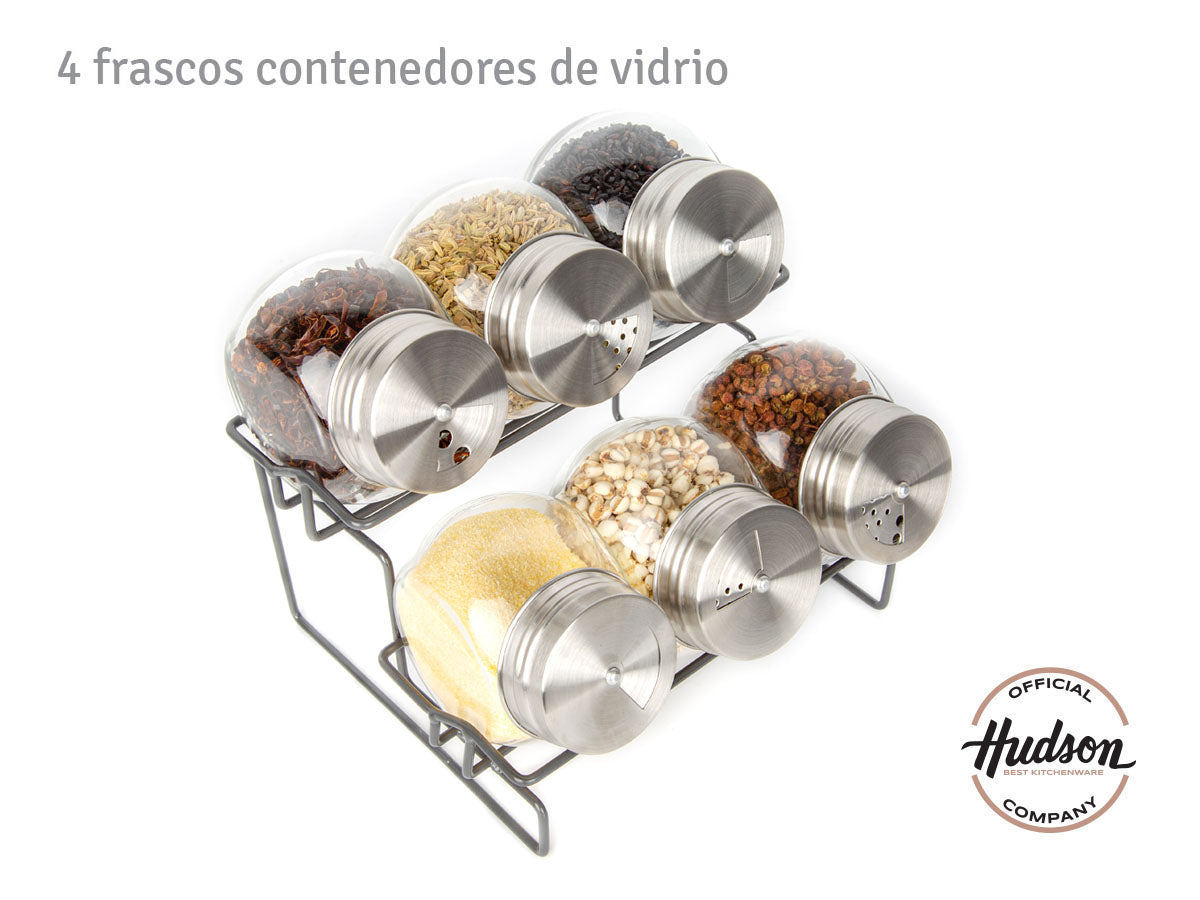 Especiero Hudson 6 Frascos De Vidrio Con Tapa + Base
