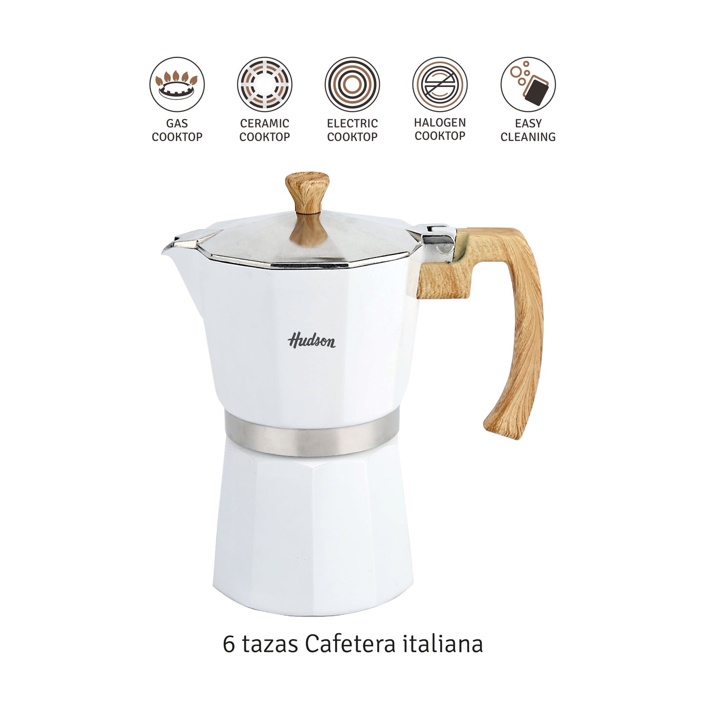 Cafetera Italiana Blanco 250 ml Aluminio + Mango Soft Touch   Línea Cafeteras
