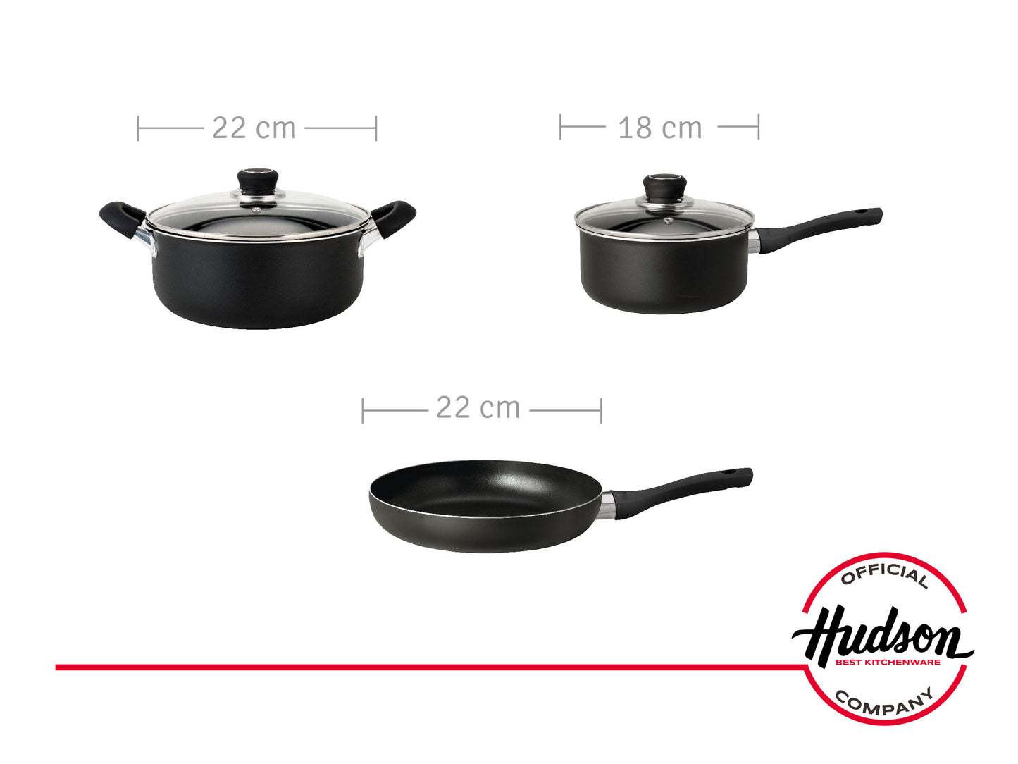 Set Cacerolas 18 Y 22 Cm + Sarten 22 Cm Hudson Antiadherente
