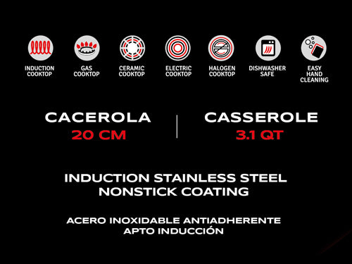 Cacerola C/mango Acero Inox 20cm Antiadherente Hudson