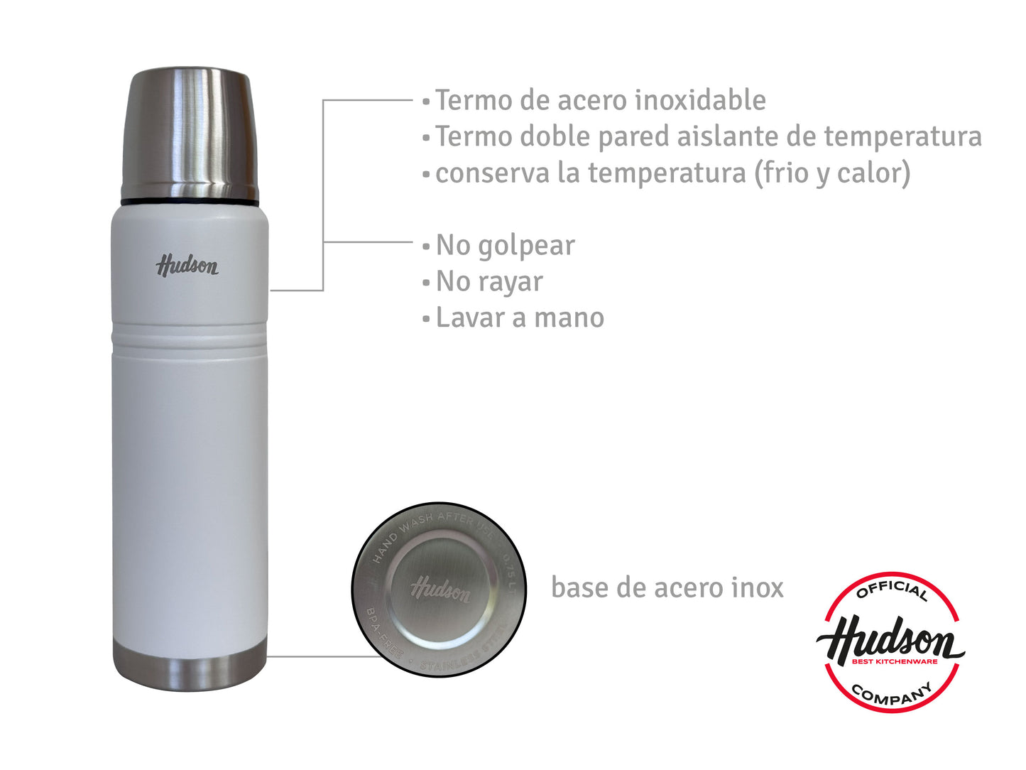 Termo Botella Térmica 1L Acero Inoxidable Doble Pared Blanco
