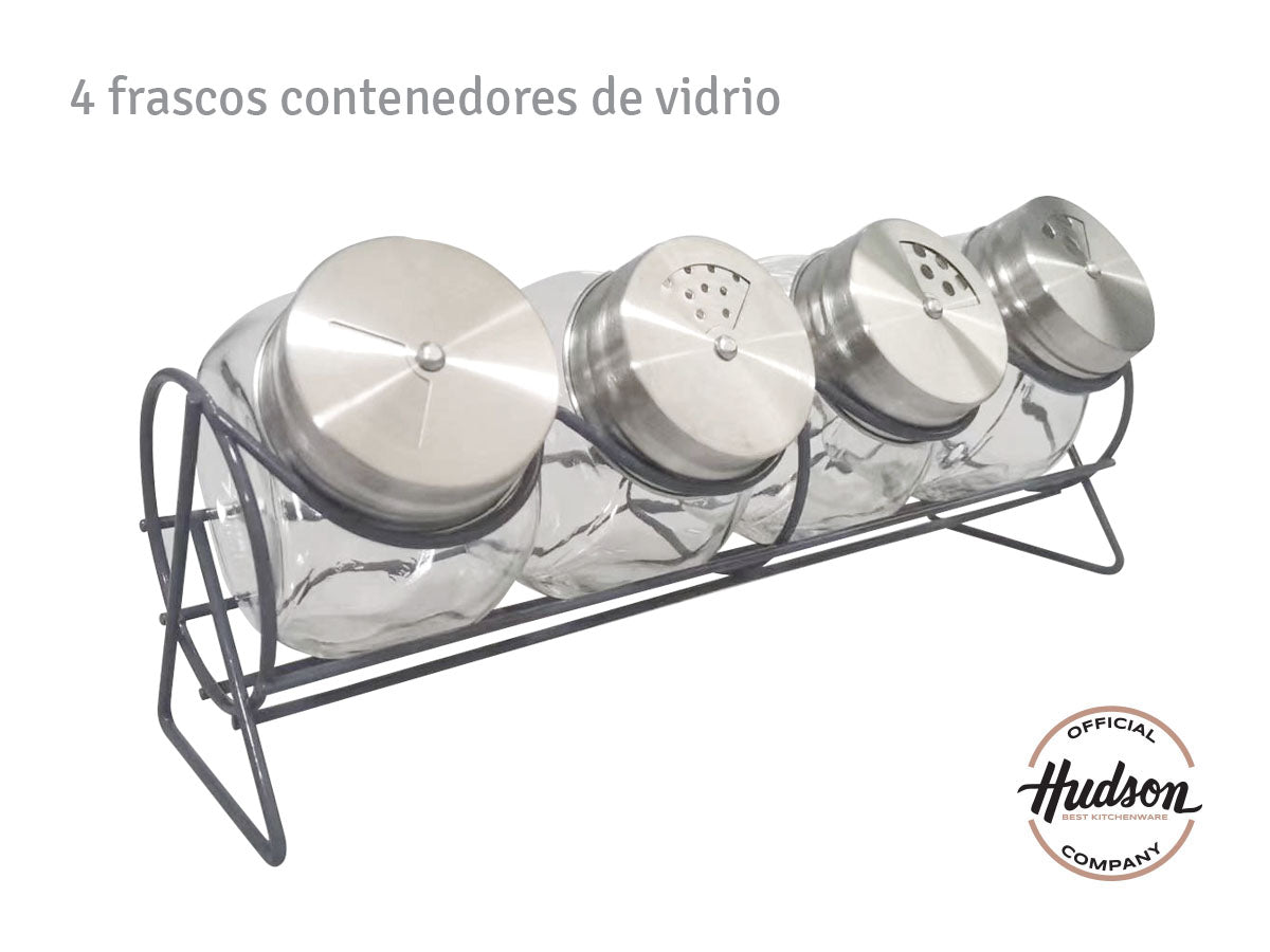 Rack Especiero De 4 Jarros Con Tapa De Acero Inoxidable