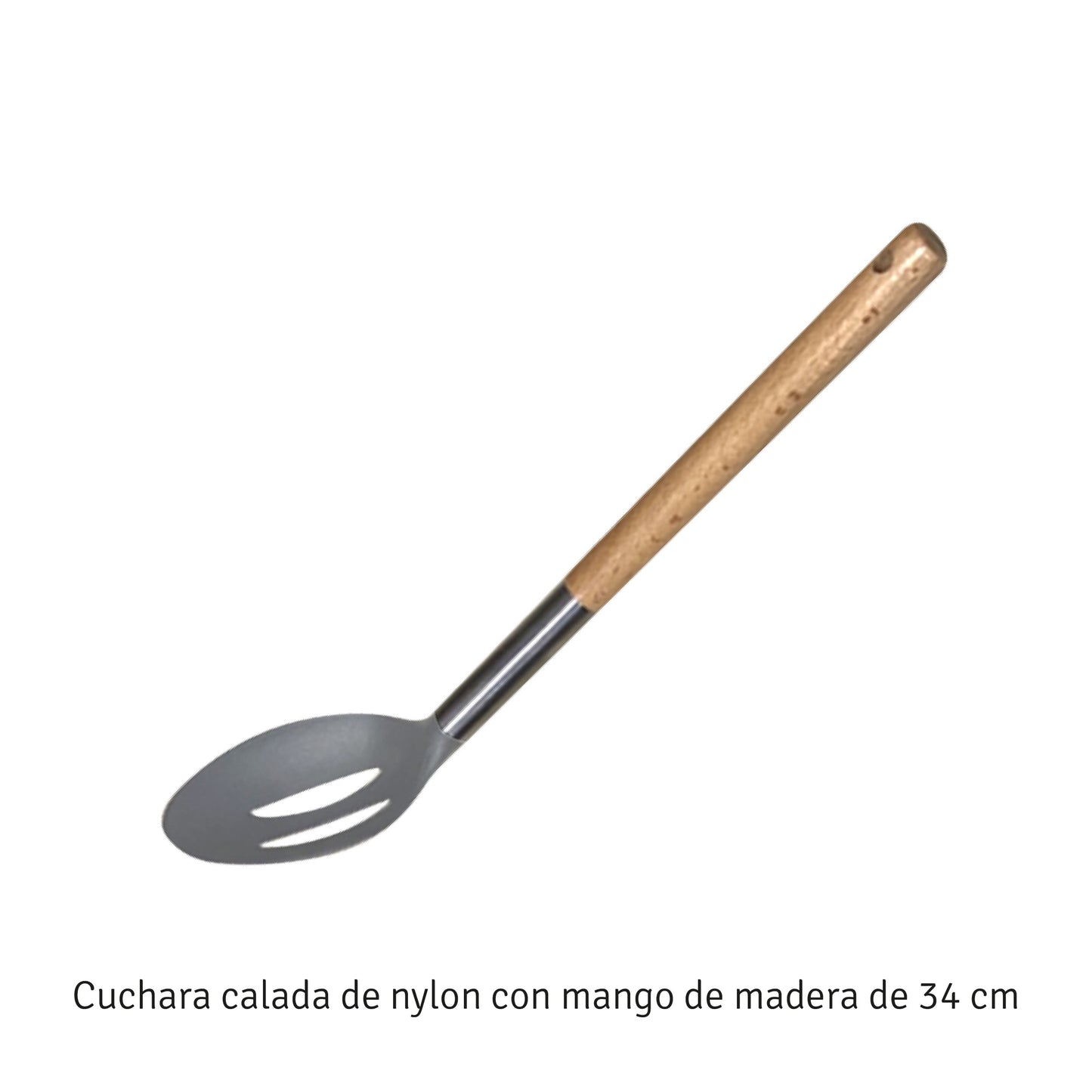 CUCHARA CALADA DE NYLON COLOR GRIS C/MANGO DE MADERA