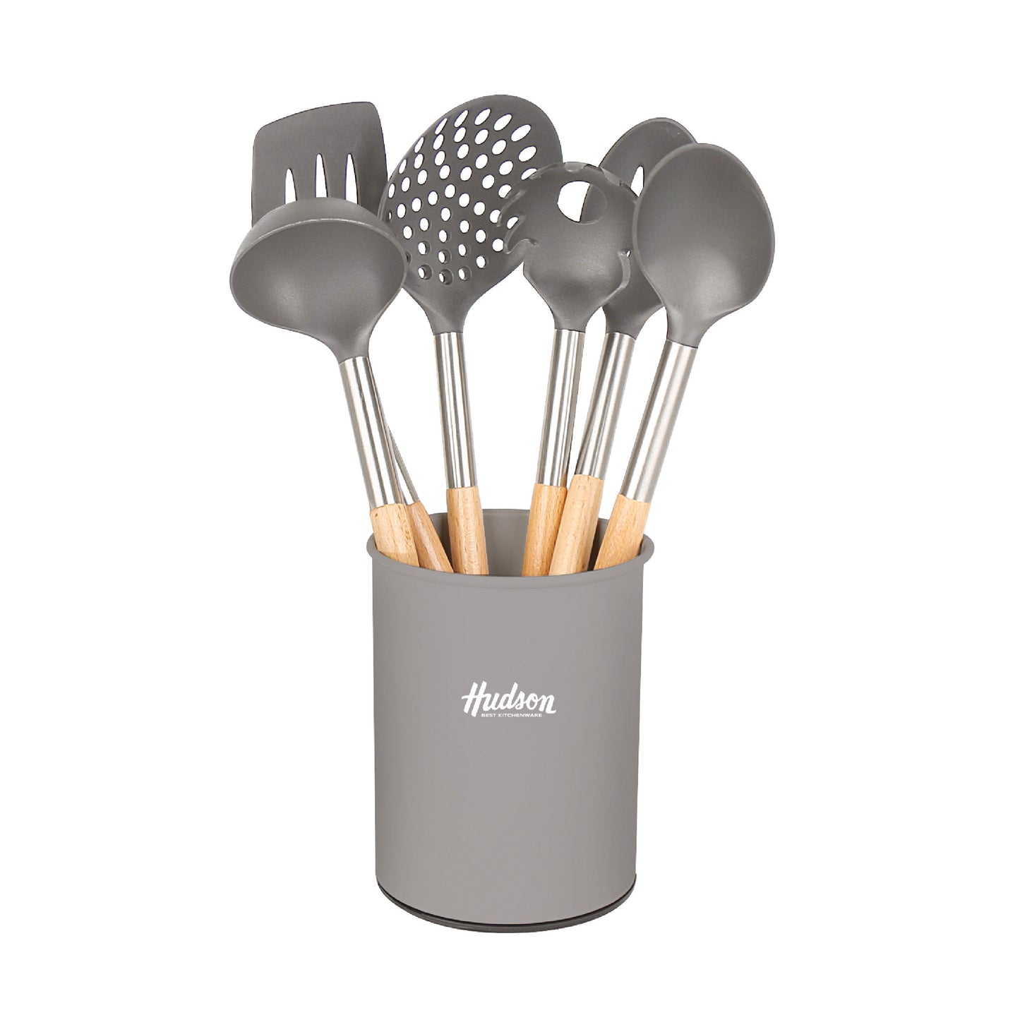 Set 6 Utensilios Nylon Con Mango De Madera Hudson Gris