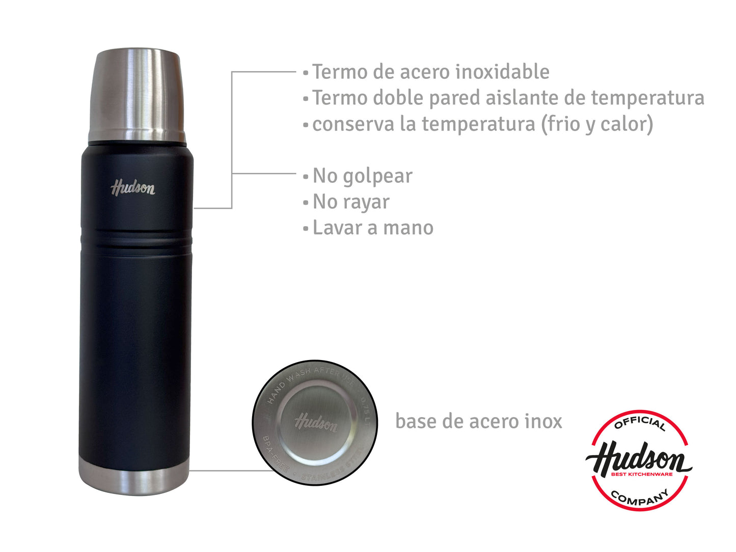 Termo Botella Térmica 1L Acero Inoxidable Doble Pared Negro